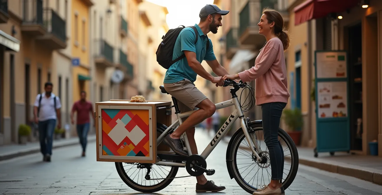 Bicicleta de carga con diseño corporativo en entorno urbano