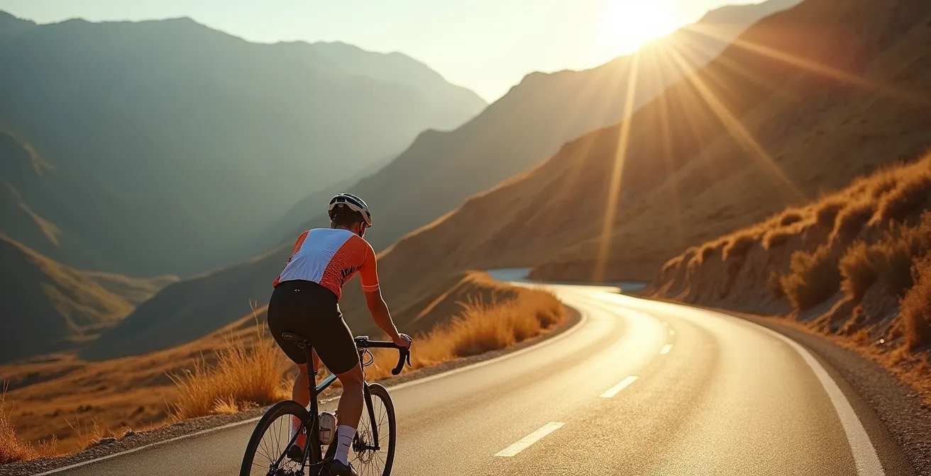 Ciclista en puerto de montaña español con casco ventilado en condiciones de calor