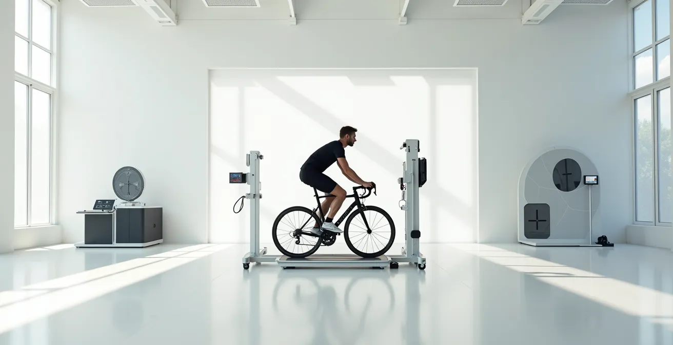 Ciclista en análisis biomecánico evaluando dismetría de piernas con tecnología 3D