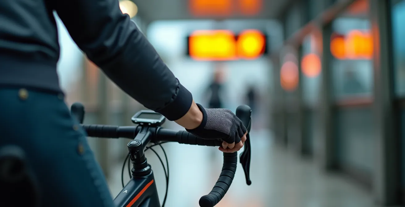Manos de ciclista sujetando manillar mientras consulta información en estación, vista desde atrás