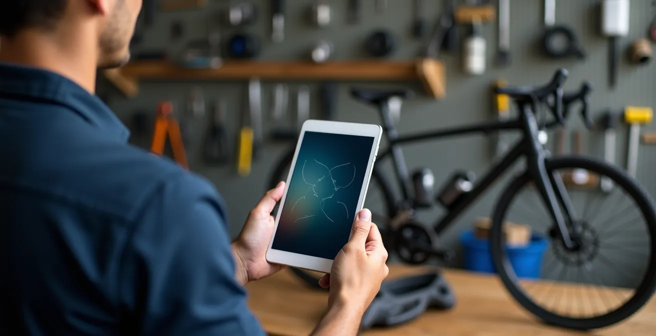 Persona en taller de bicicletas consultando información en dispositivo móvil con bicicleta desmontada al fondo