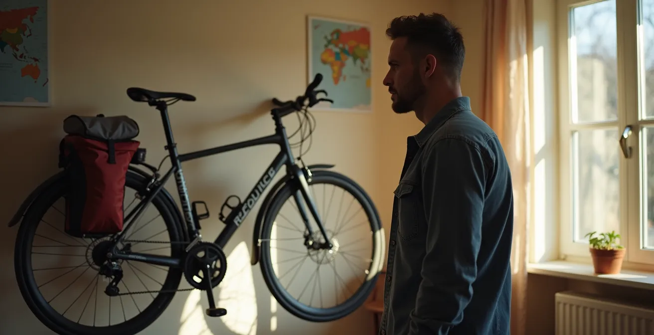 Persona mirando nostálgicamente su bicicleta de viaje colgada en la pared de su casa con alforjas vacías