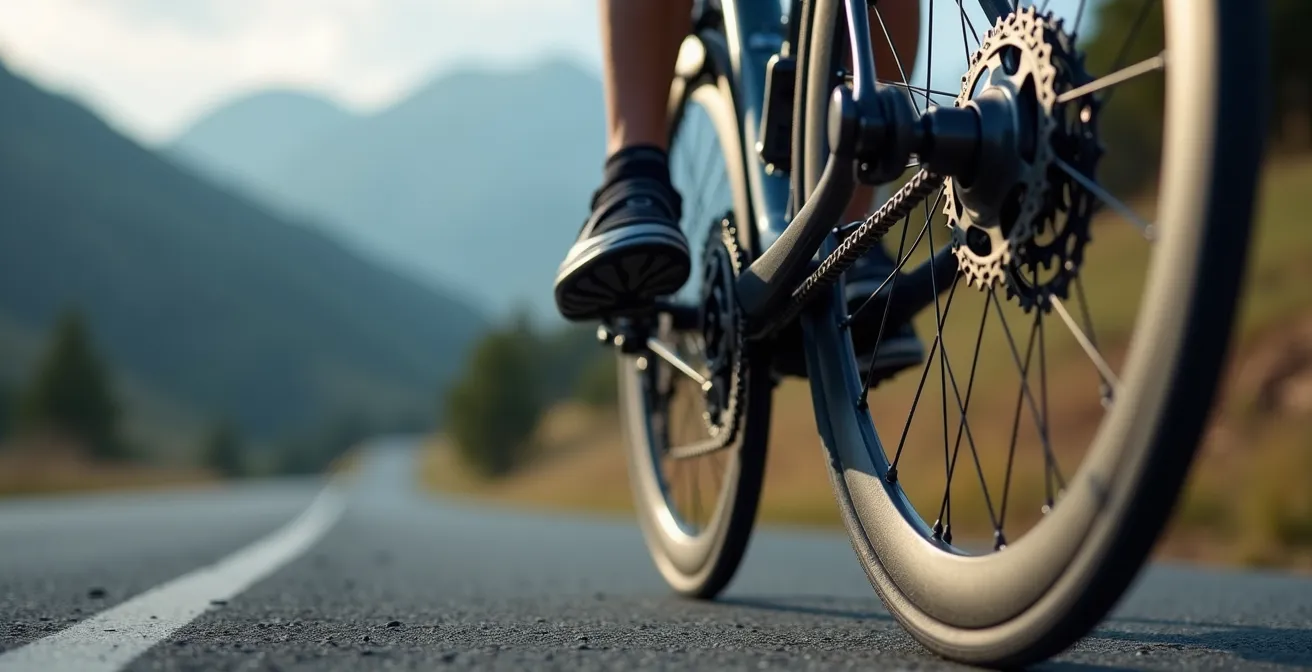 Detalle macro del cambio y platos compact de bicicleta en puerto de montaña asturiano