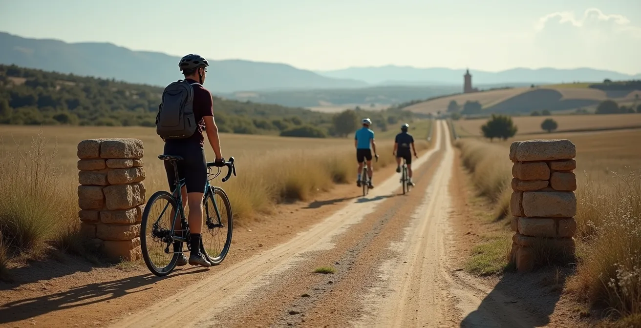 Ciclista detenido en bifurcación de caminos rurales españoles contemplando dos direcciones posibles