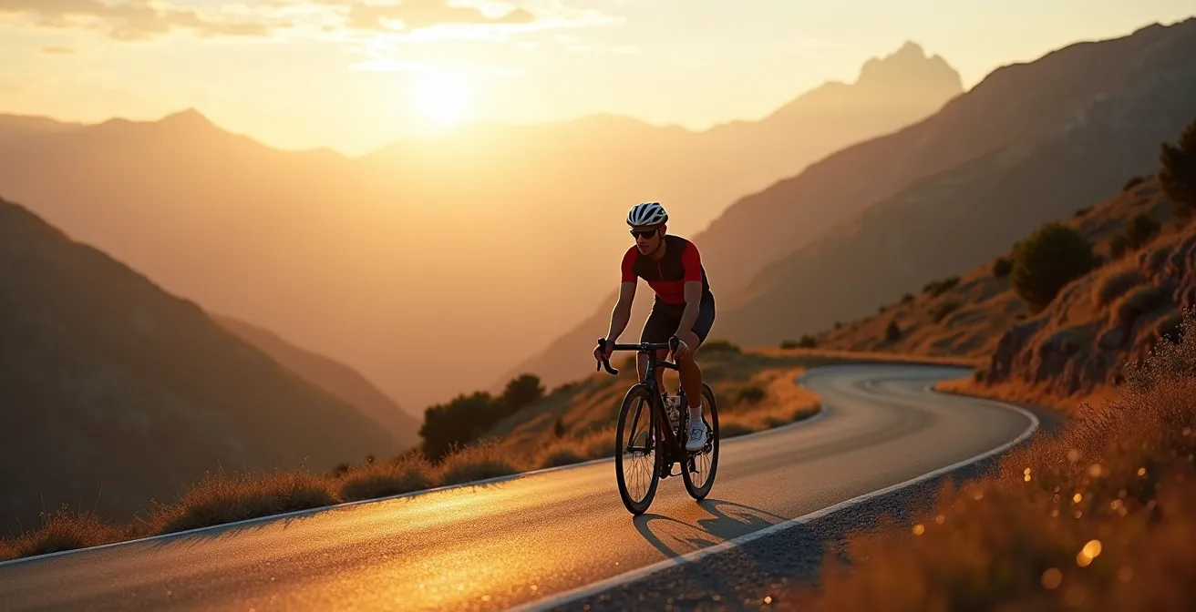 Ciclista en una posición cómoda de Gran Fondo subiendo un puerto de montaña en España, disfrutando del paisaje.