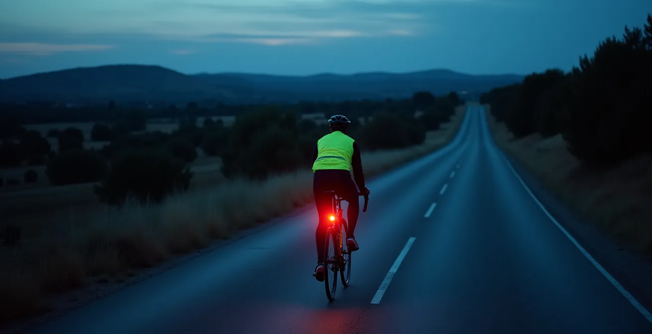 Vista panorámica de ciclista con luces y chaleco reflectante en carretera española al anochecer