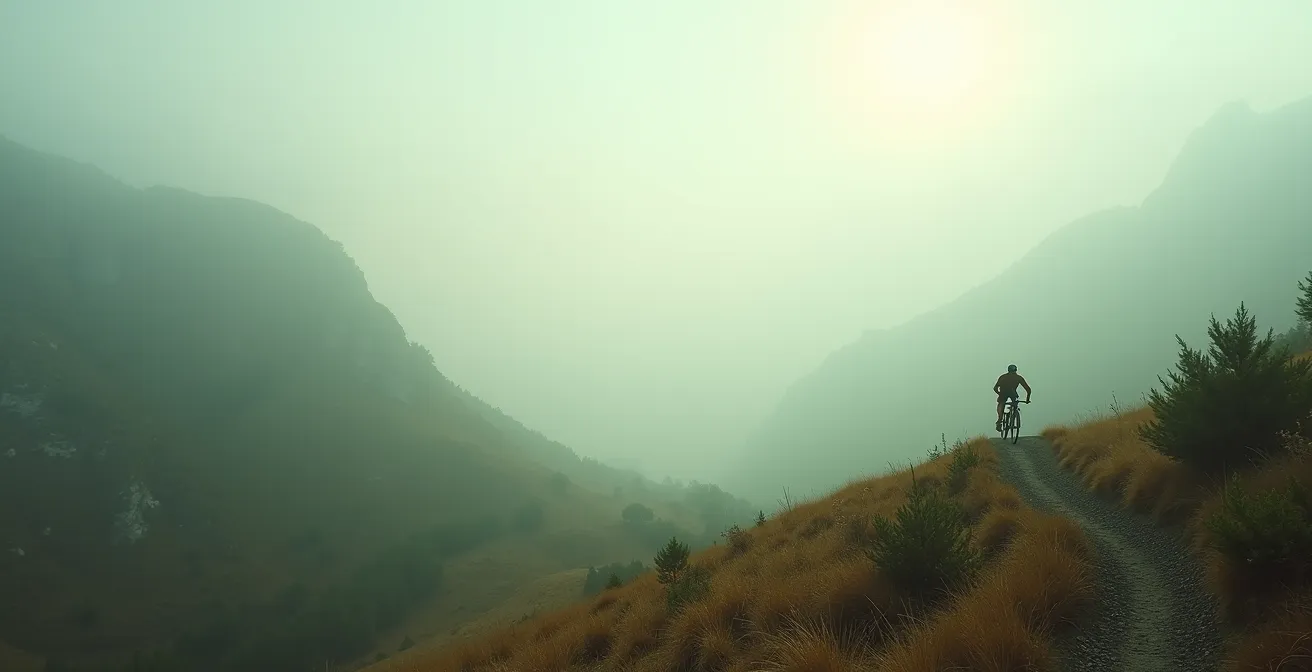 Ciclista practicando mindfulness activo en sendero natural de los Picos de Europa