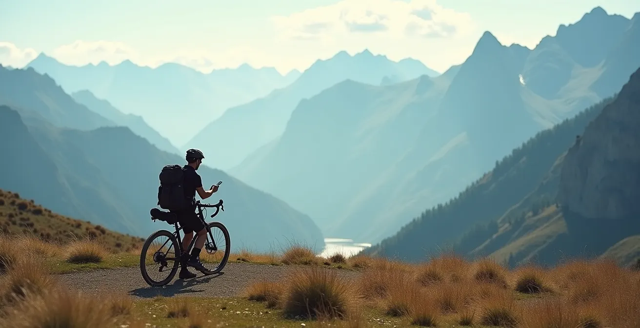 Ciclista en alta montaña usando navegación offline en zona remota de los Pirineos