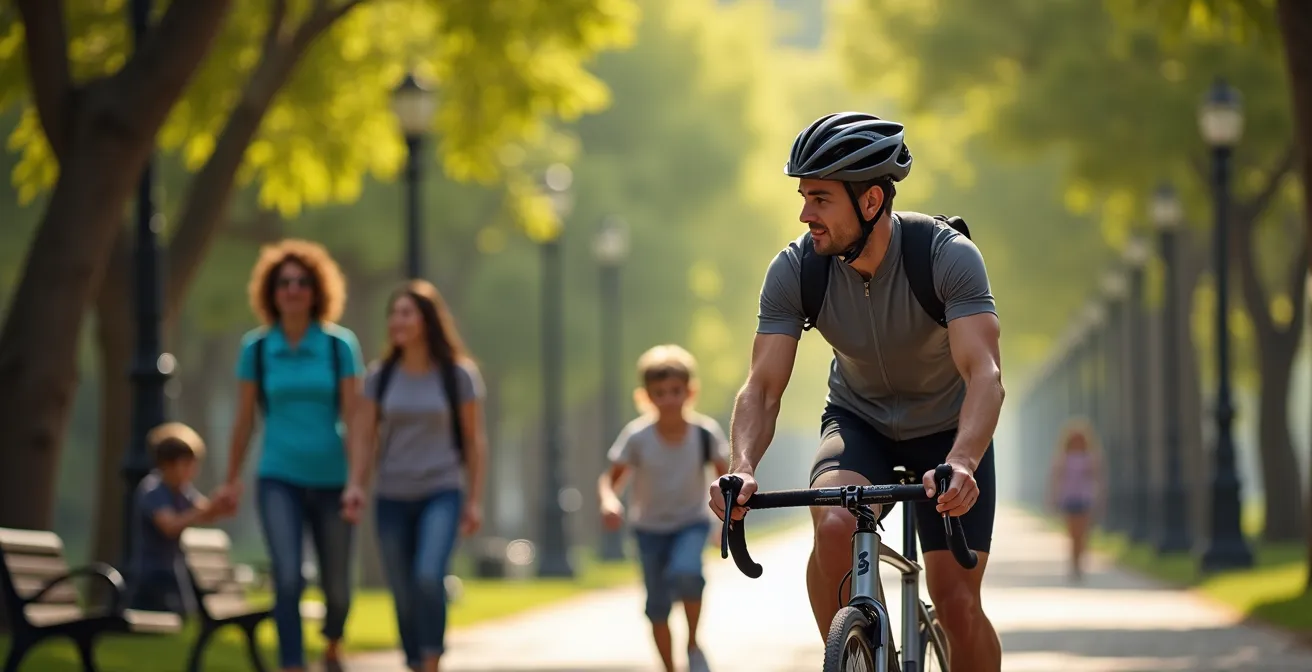 Ciclista adelantando respetuosamente a peatones en un parque urbano español