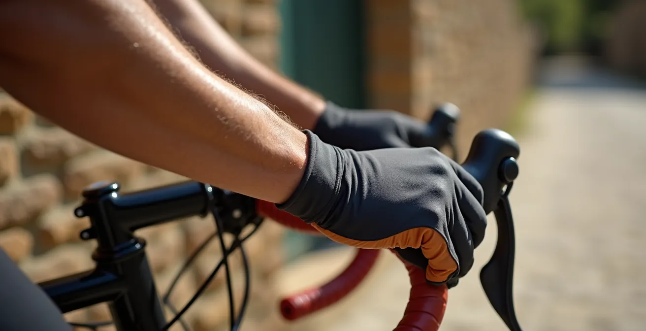 Ciclista mostrando posición correcta en manillar de mariposa durante ruta