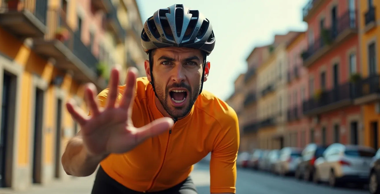 Ciclista urbano señalizando un giro con el brazo completamente extendido en calle española