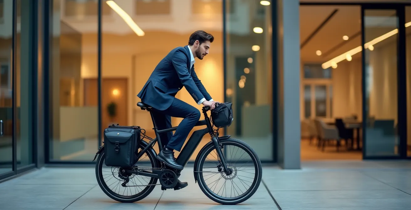 Ciclista con alforjas llegando a una oficina moderna en Madrid