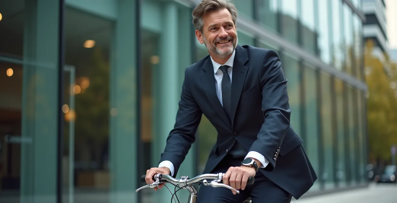 Profesional en traje llegando a oficina moderna en bicicleta holandesa sin manchas