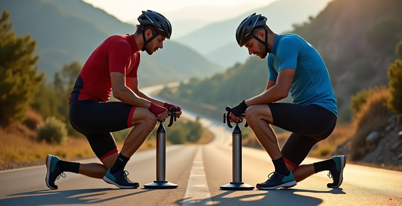 Dos ciclistas de diferentes complexiones ajustando la presión de sus neumáticos en una ruta española