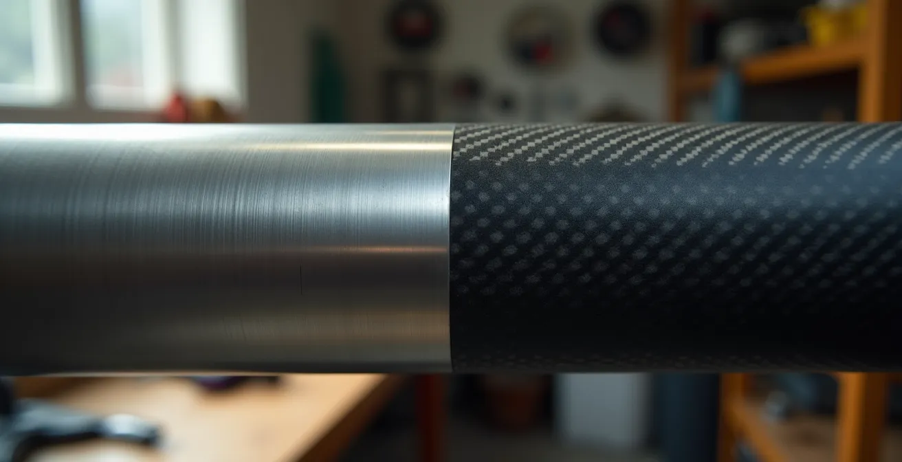 Vista simbólica comparativa de tubos de cuadro de aluminio y carbono con luz natural