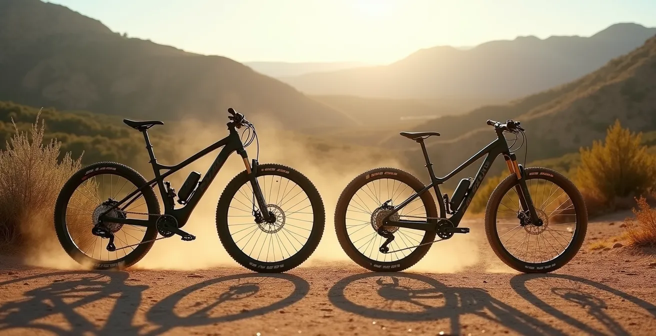 Comparación visual entre una bicicleta con frenos de disco y otra con frenos de zapata en un sendero de montaña seco y polvoriento típico de España.