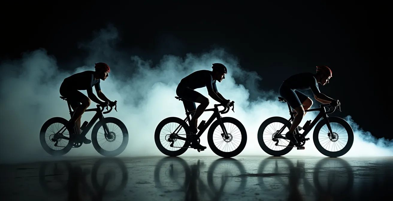 Vista lateral comparativa de tres posturas ciclistas mostrando diferencias aerodinámicas