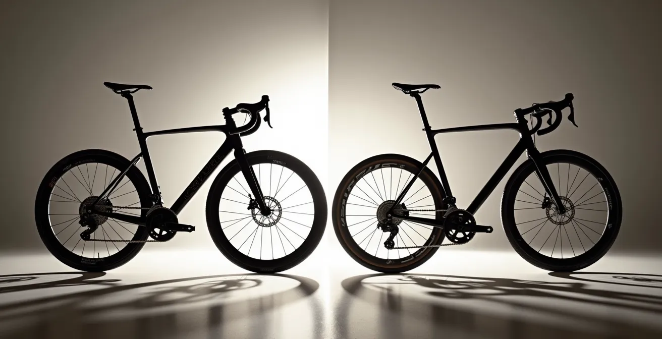 Comparación lado a lado de bicicleta ciclocross y gravel mostrando diferencias clave en la geometría del cuadro.