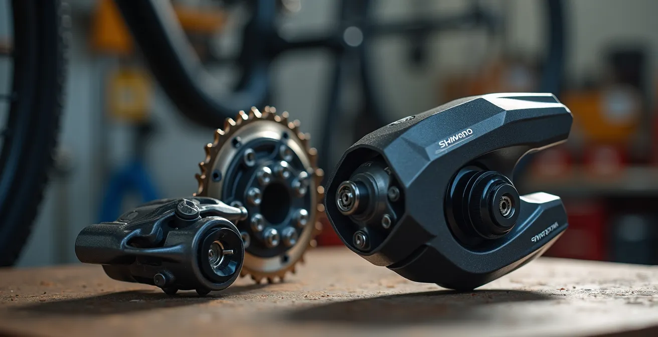 Detalle macro de componentes de bicicleta eléctrica en taller de reparación