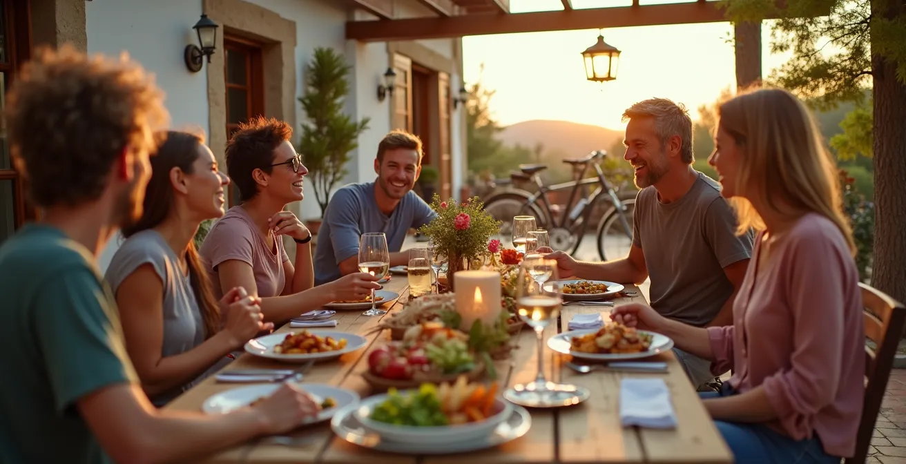 Grupo de cicloturistas internacionales compartiendo cena en una casa de anfitrión Warmshowers