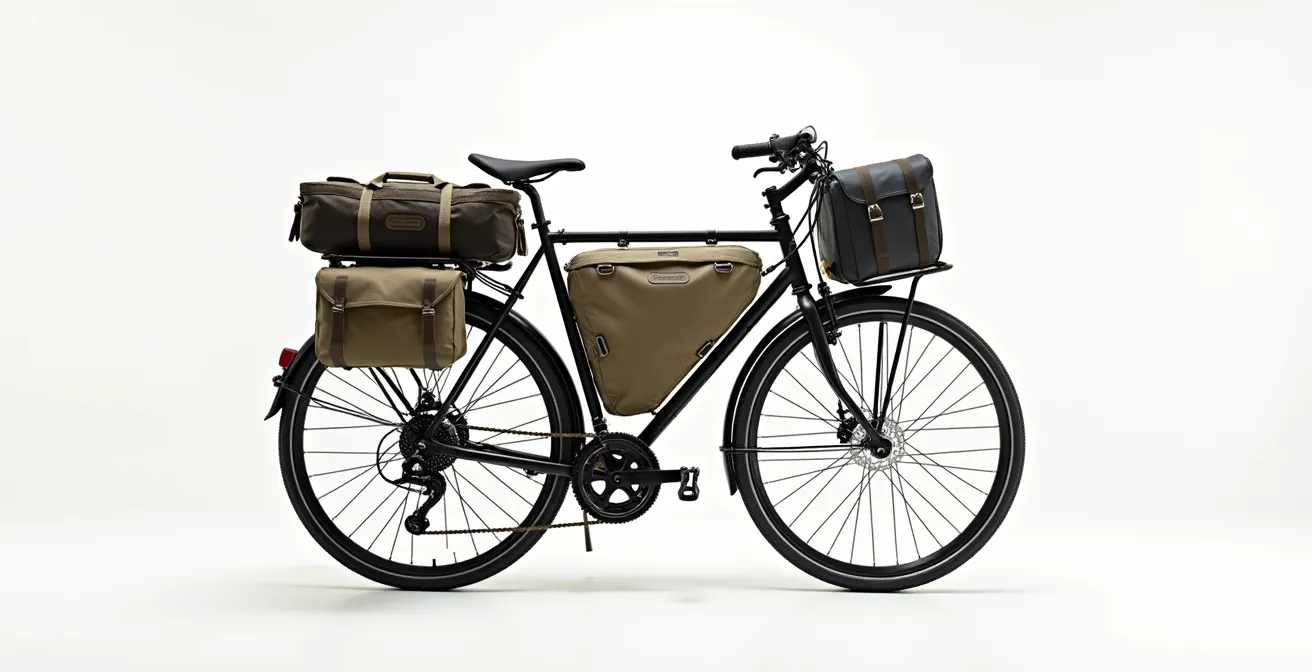 Vista lateral de bicicleta de cicloturismo mostrando distribución óptima del peso en alforjas