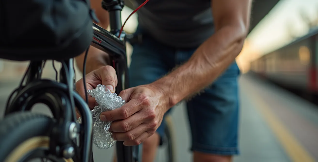 Manos expertas envolviendo una bicicleta de touring con film protector en una estación