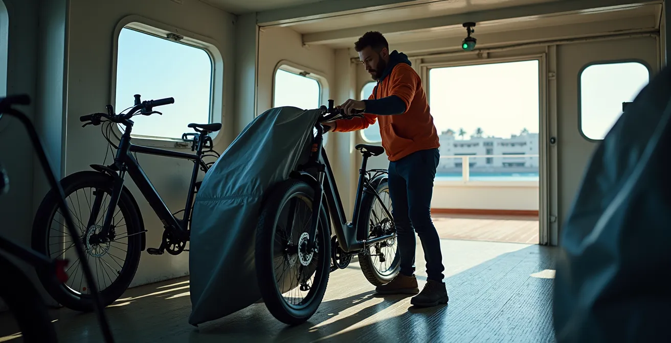 Garaje de ferry hacia Baleares con bicicletas eléctricas aseguradas