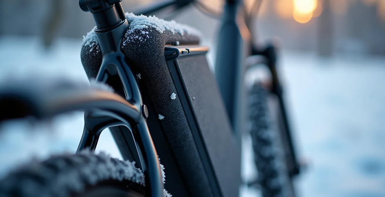 Funda de neopreno instalada en batería de bicicleta eléctrica en ambiente invernal
