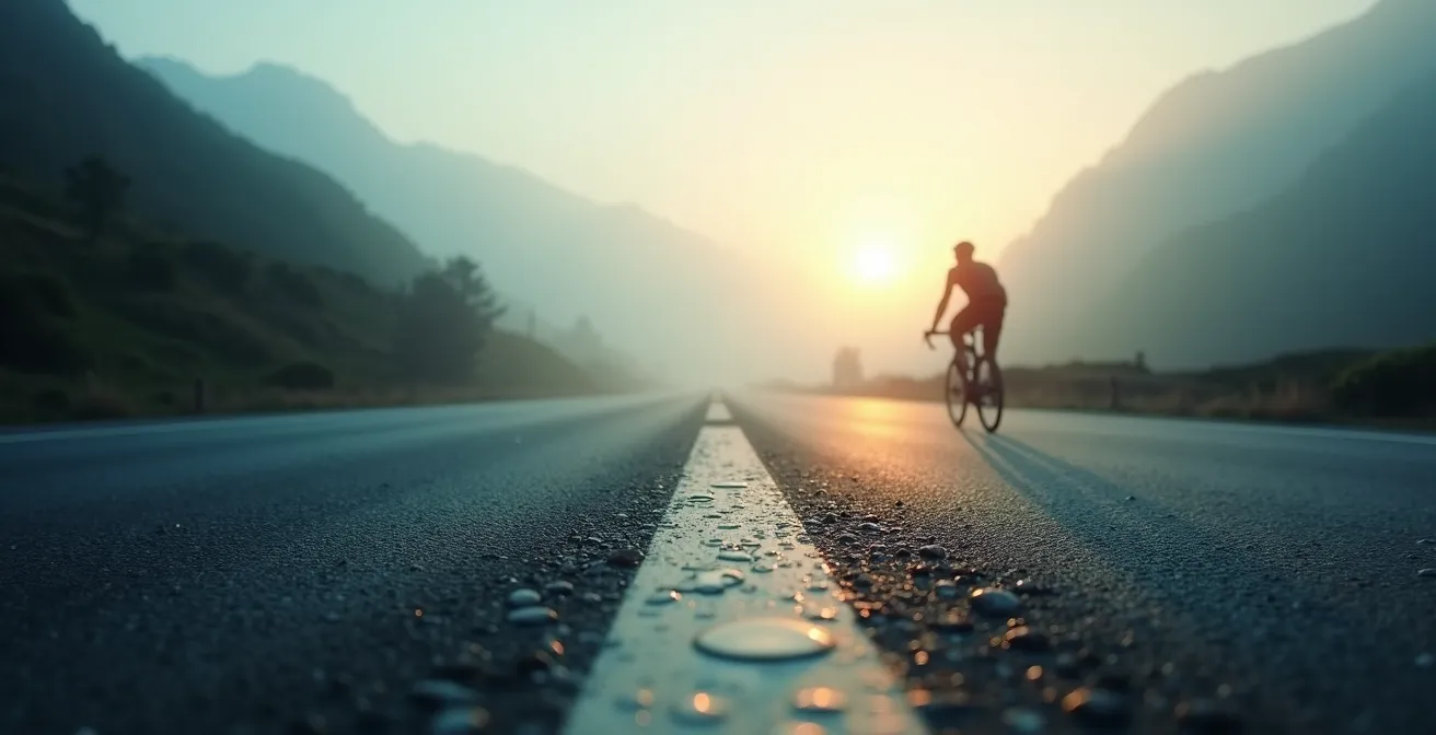 Sistema de ventilación en gafas de ciclismo durante ascenso en puerto de montaña con niebla