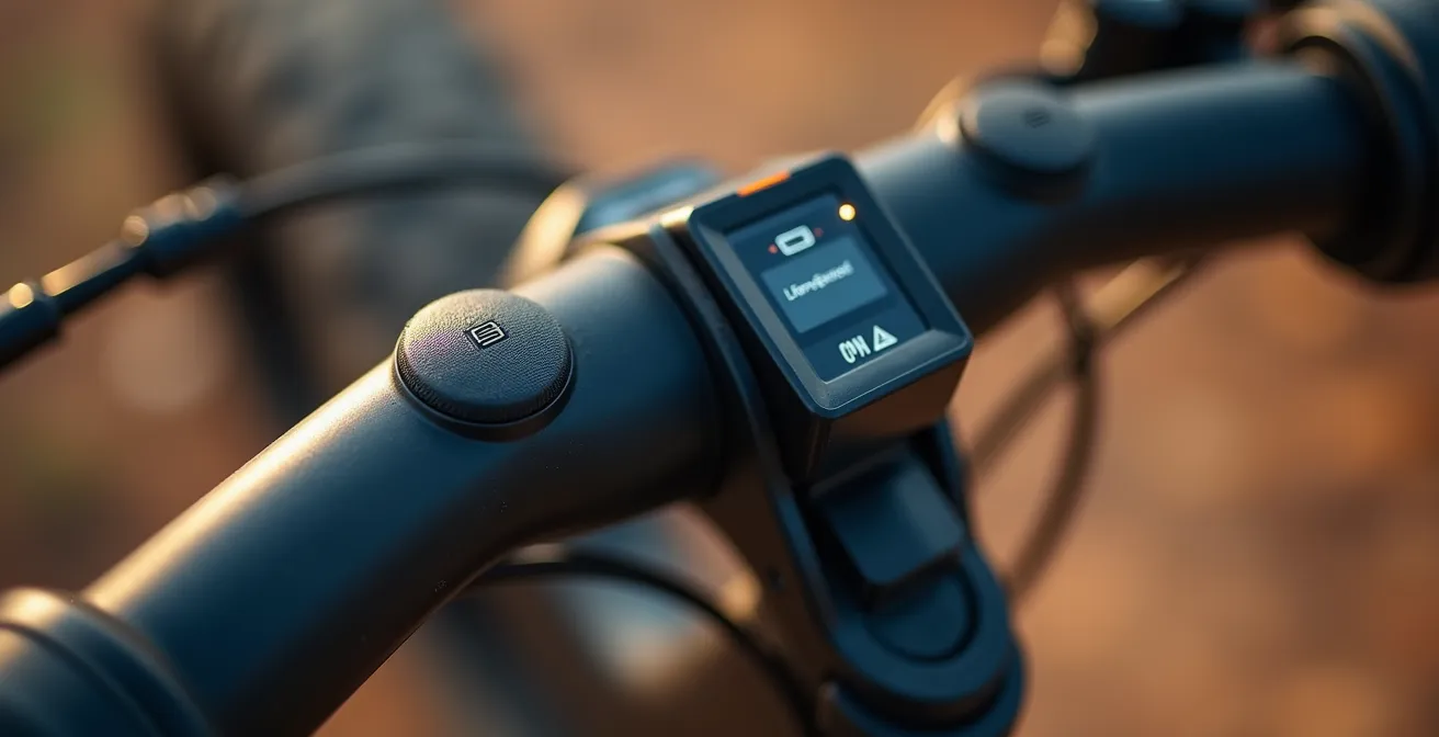Detalle macro de panel control e-bike mostrando selector de modos y display batería en ruta montañosa