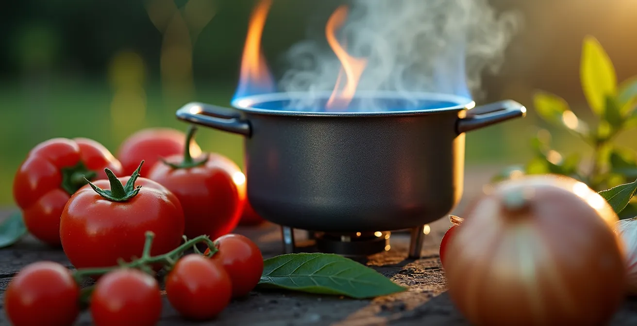 Hornillo de camping con verduras frescas del mercado local preparándose en naturaleza