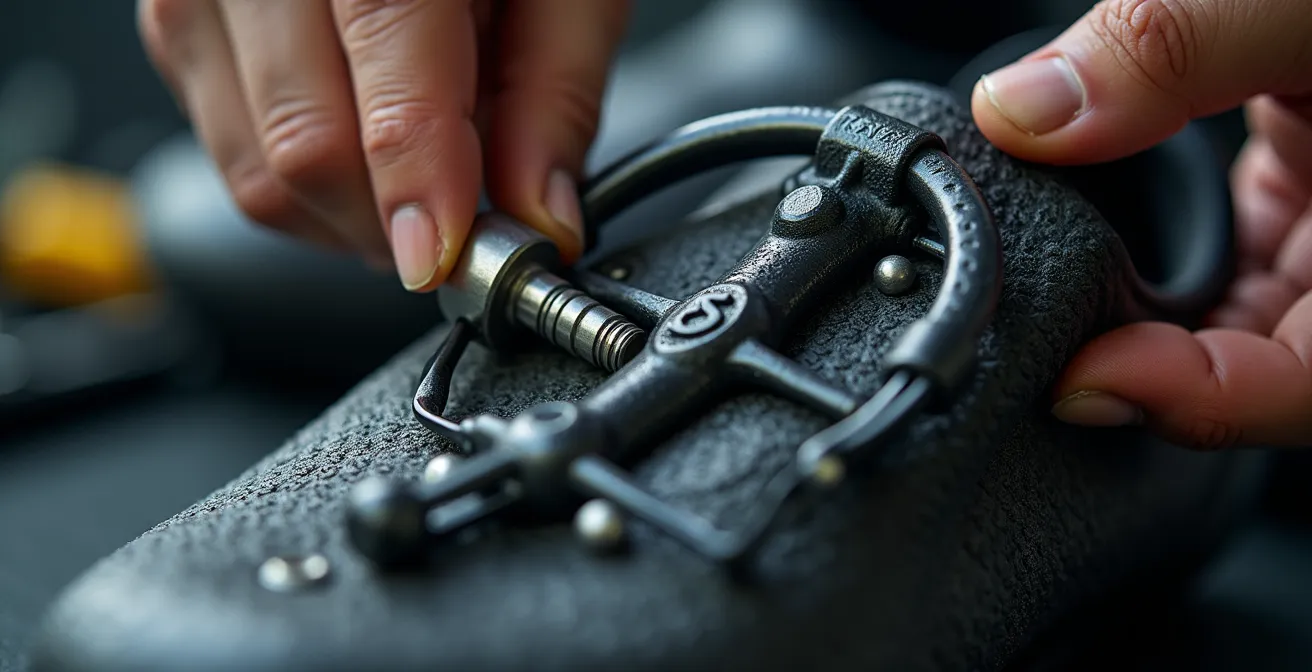 Detalle macro de zapatilla de ciclismo con cala siendo ajustada con precisión milimétrica