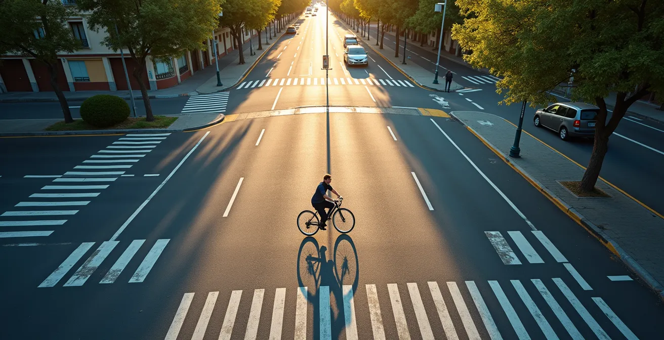Vista aérea de ciclista ejecutando maniobra de giro indirecto en intersección amplia de ciudad española