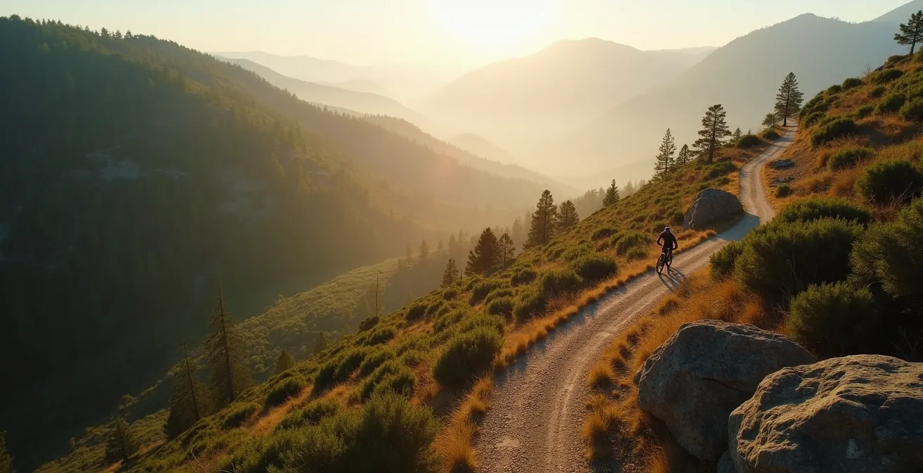 Vista aérea de senderos y pistas forestales en parque natural español