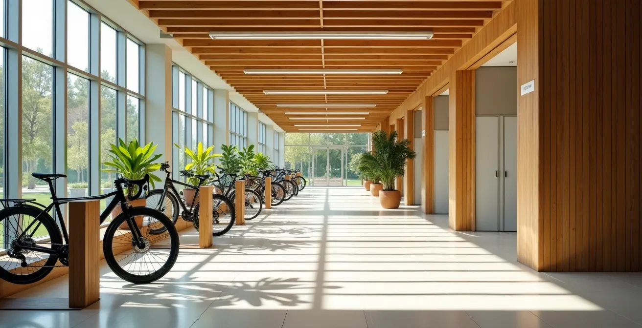 Instalaciones modernas de empresa con zona de aparcamiento para bicicletas y vestuarios