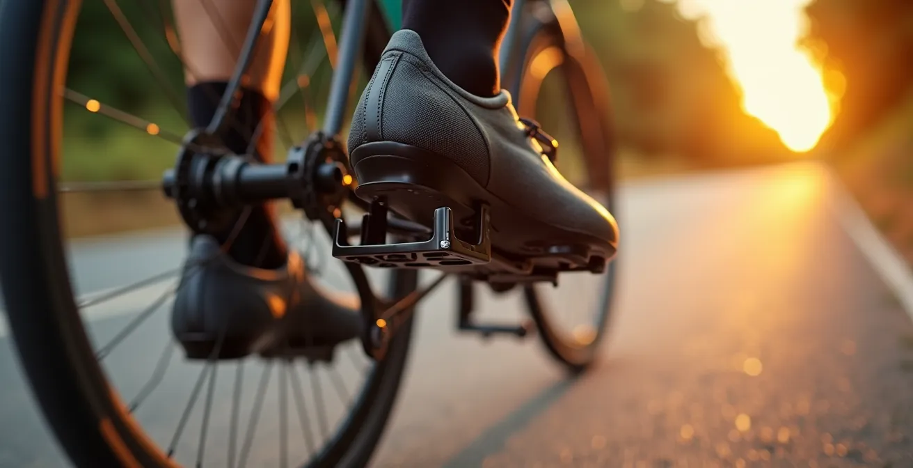 Detalle de un pie enganchado en pedal automático mostrando la conexión mecánica