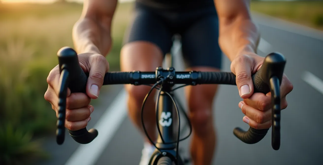 Detalle de manos en manillar mostrando zonas de presión y distribución ergonómica