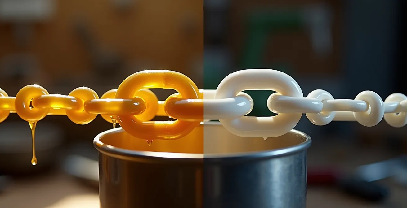 Vista dividida mostrando cadena sumergida en cera derretida y resultado final limpio