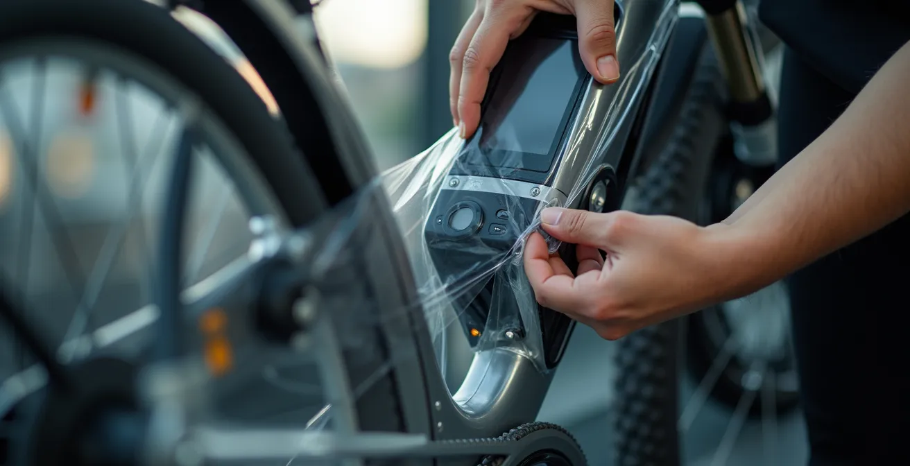 Detalle de protección de bicicleta eléctrica con funda para transporte en autobús