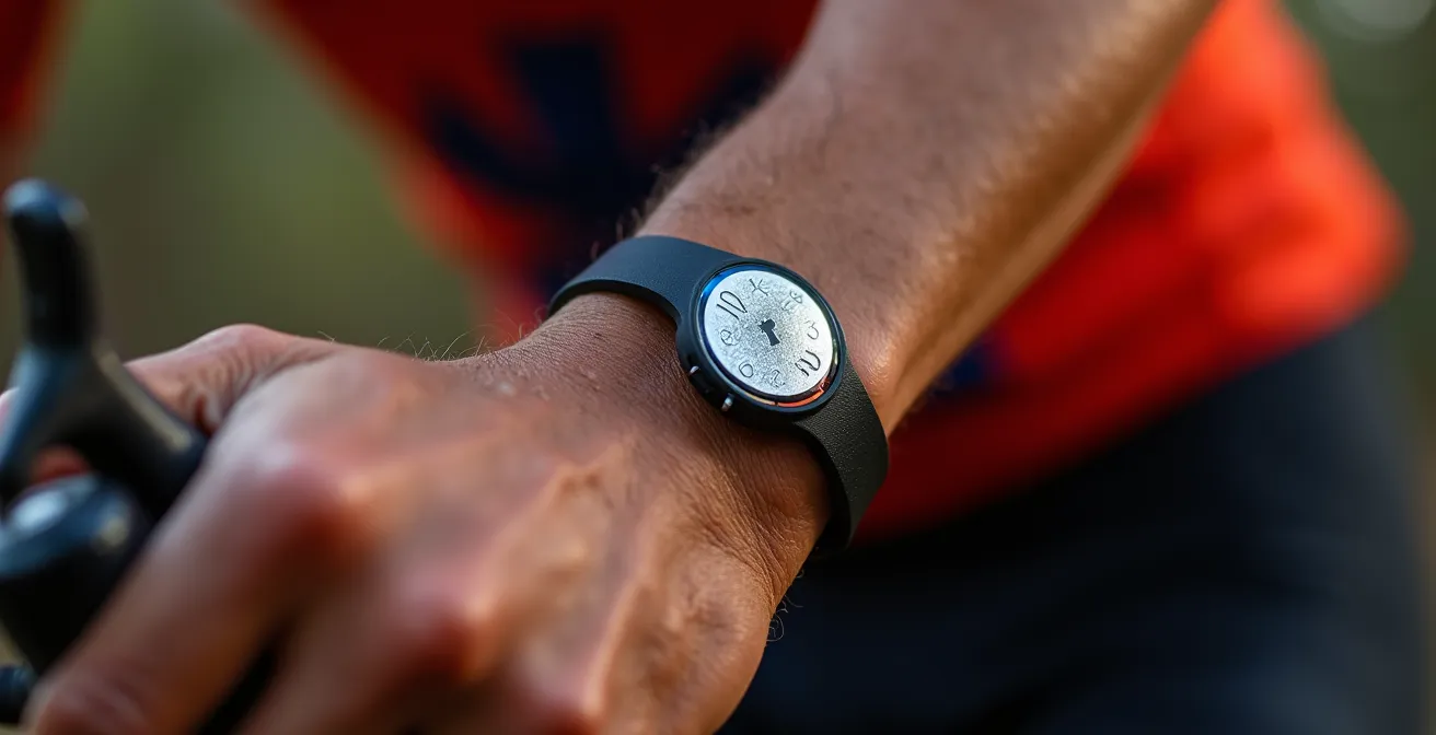 Detalle macro de pulsera de identificación médica para ciclistas