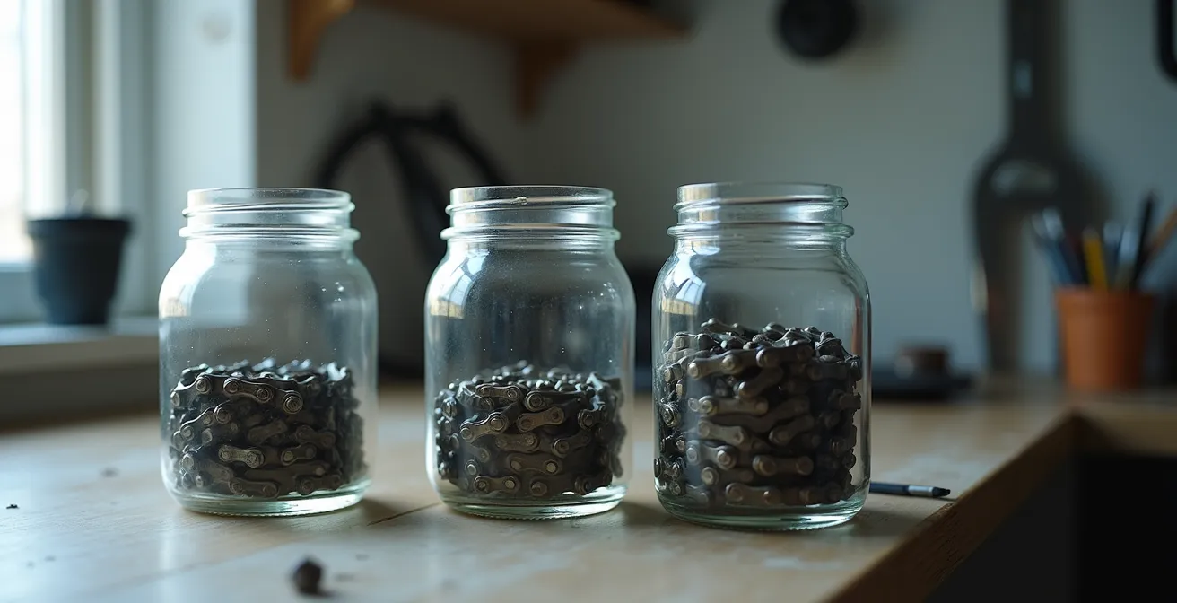 Sistema organizado de tres cadenas de bicicleta en botes de cristal etiquetados